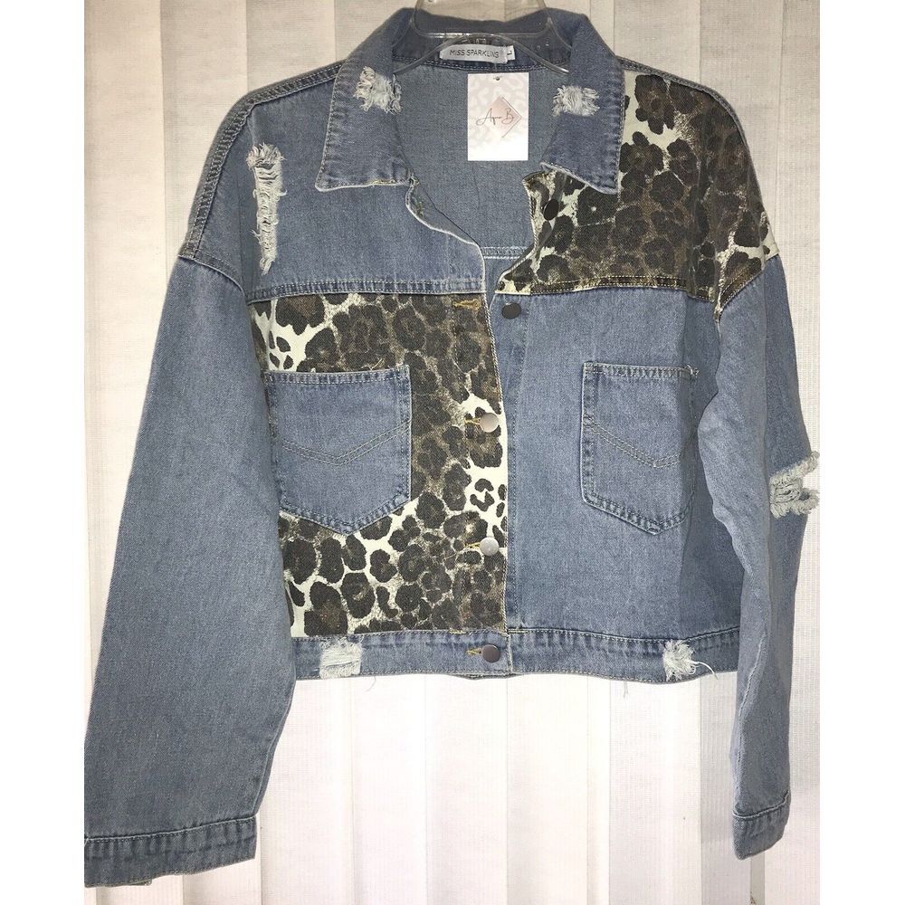 NWT Miss Sparkling Jean Jacket Womens Large Denim Animal Print Button Boutique